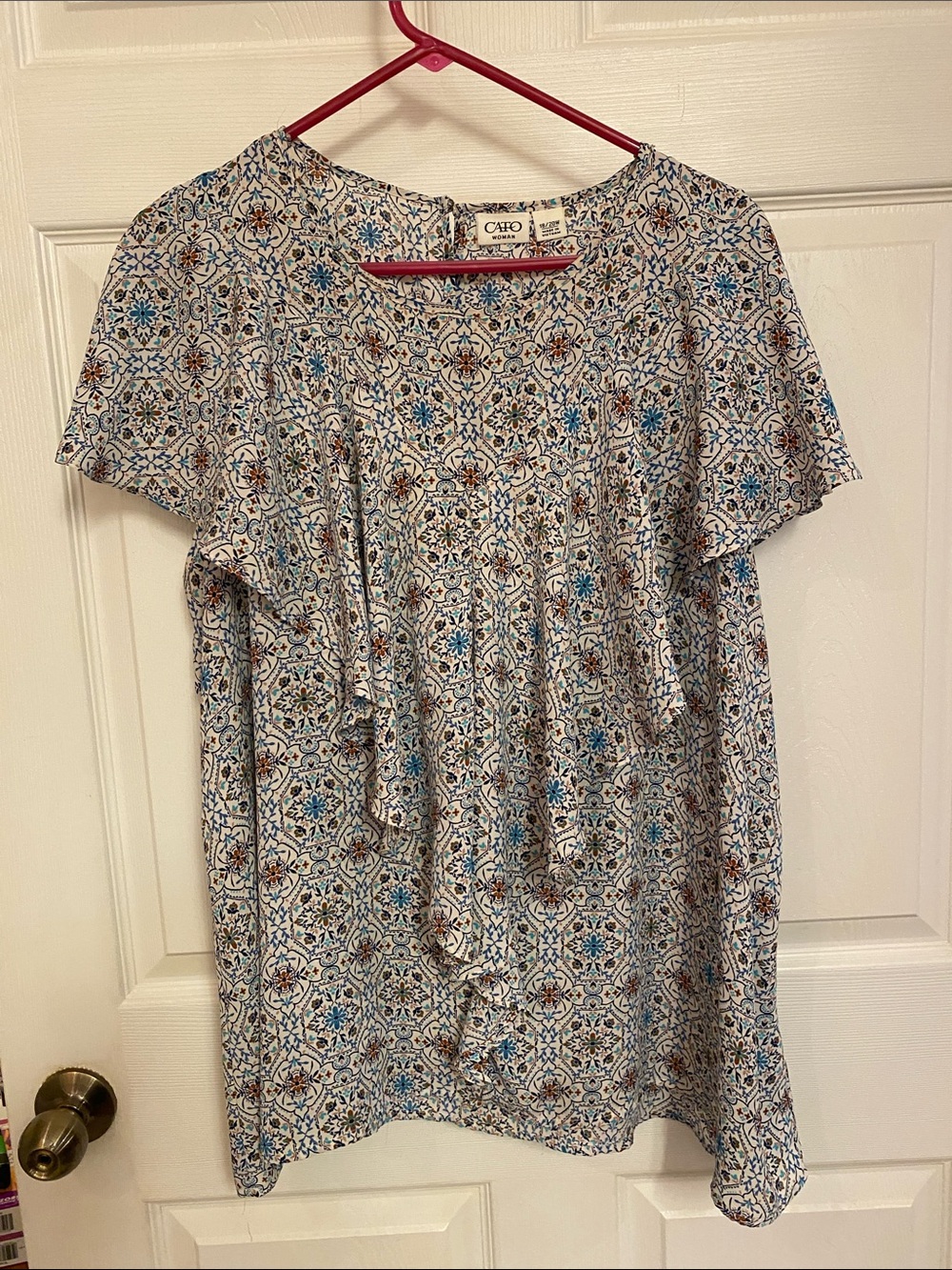 Cato Blue, Tan and White Floral Ruffle Front Blouse